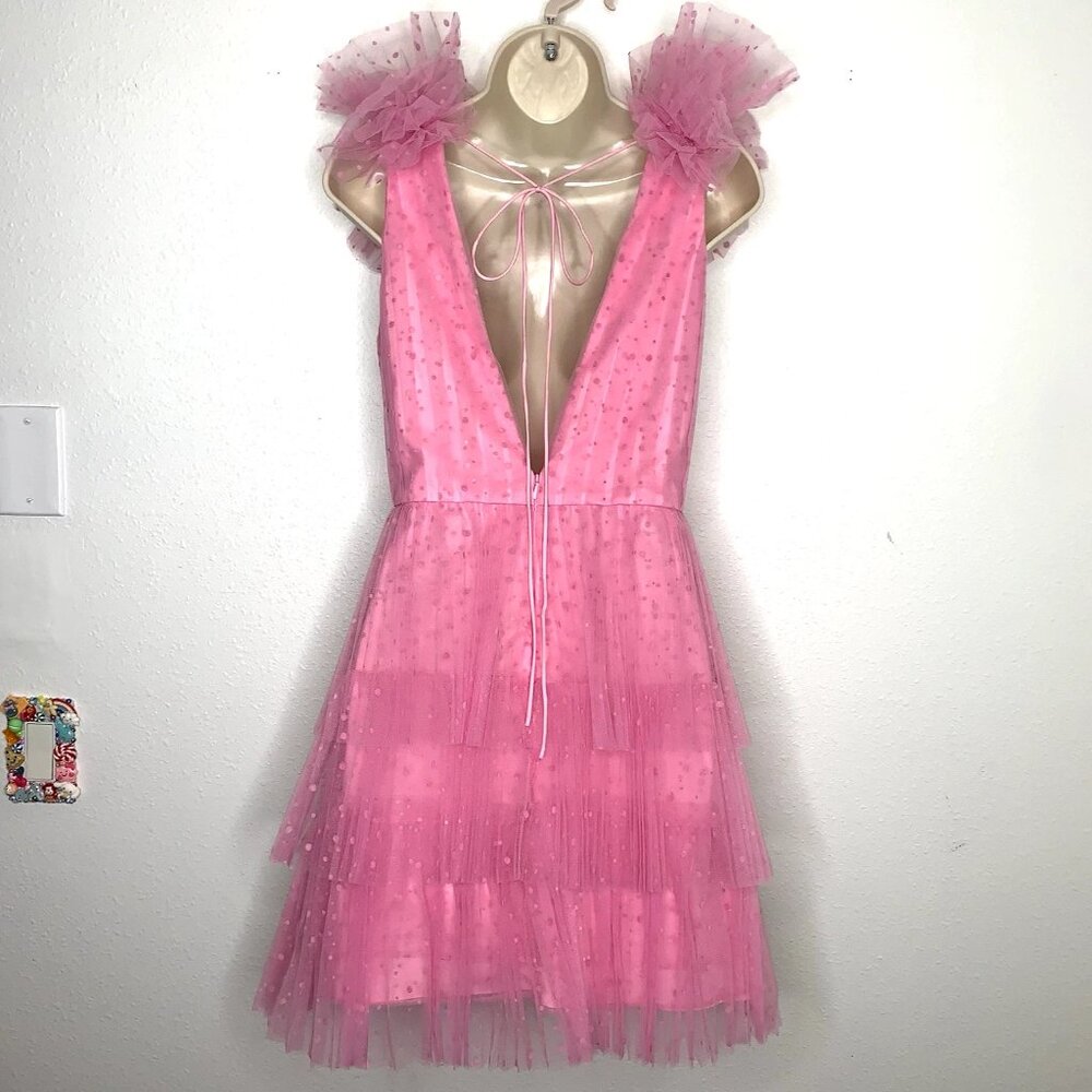 Monique Lhuillier Pink Tiered Tulle Backless V-Neck Mini Dress - Picture 5 of 8